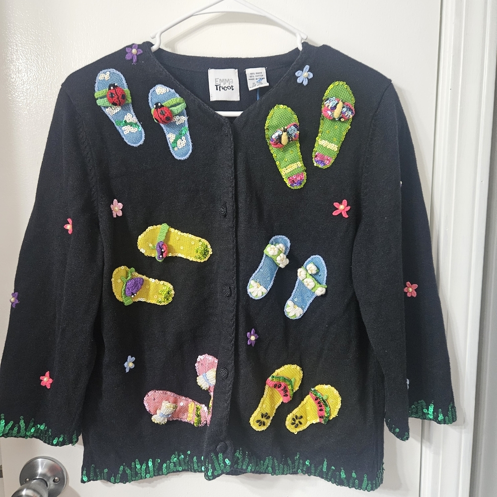 Black Embellished Cardigan Sweater with Colorful Flip-Flop Appliqués